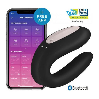 Satisfyer Double Joy Black Couples Vibrator with App | Model D-2021 | Dual Stimulation for Couples | Clitoral and Penile Pleasure | Silky Smooth Surface