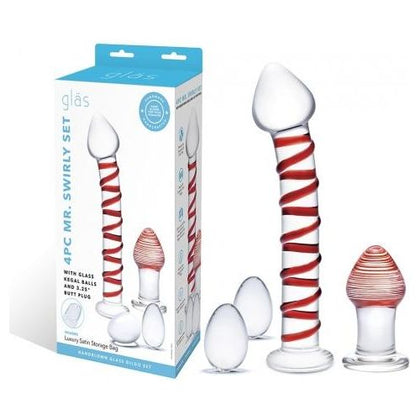 Glas 4pc Mr. Swirly Set - Glass Kegel Balls & Butt Plug - Unisex Anal Pleasure Kit - Model 2022 - Red Ribbon Design