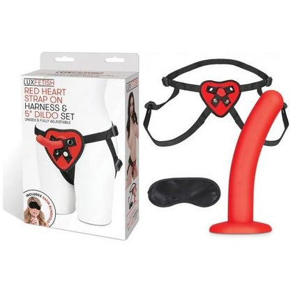 Lux Fetish Red Heart Strap On Harness & 5in Dildo Set - Unisex, Adjustable, Satin Blindfold, Model LFRH-5, Red