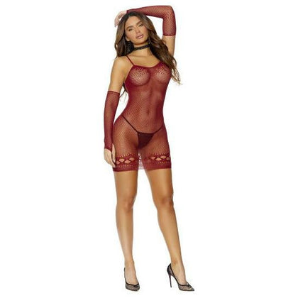 Elegant Moments Lingerie Hosiery: Burgundy Crochet Mini Dress with Matching Gloves - Model EMLH-CDG01 - Women's Sensual Intimate Wear - Seductive Allure for Alluring Moments - One Size Fits Most