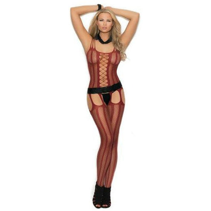 Elegant Moments Hosiery Vertical Striped Fishnet Suspender Bodystocking - Model RS-001, Women's Red O-S - Adult Naughty Store