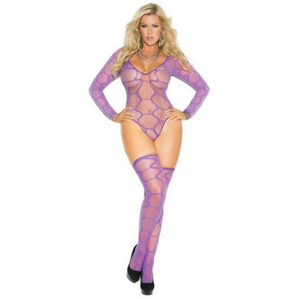 Elegant Moments Hosiery Long Sleeve Teddy with Thigh High Stockings - Purple Queen, Plus Size 1X-3X, Sheer Hexagon Pattern Lingerie Set for Women