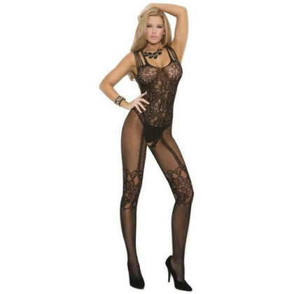 Elegant Moments Fishnet & Lace Bodystocking Black O-S Women's Open Crotch Lingerie - Sensual Intimacy in One Size - Adult Naughty Store