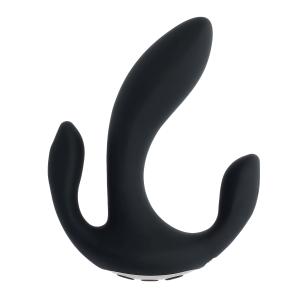 Introducing the Playboy Tri-Stimulate Triple Threat Multifunction Vibrator PB-RS-4738-2 for Women, offering Triple Stimulation in Creamy Smooth Silicone for Simultaneous Pleasure from All Major Erogenous Zones in Black.