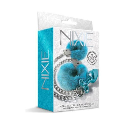 Global Novelties Nixie Metal Plug & Furry Cuff Set - Blue Metallic, Model NX-2022, Unisex, Anal Pleasure - Adult Naughty Store