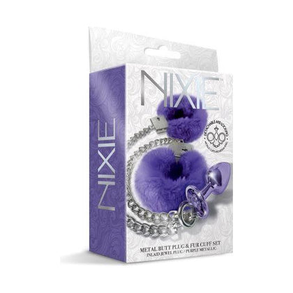 Global Novelties Nixie Metal Plug & Furry Cuff Set - Purple Metallic | Model NPFC-2022 | Unisex Anal Pleasure and Bondage Kit - Adult Naughty Store