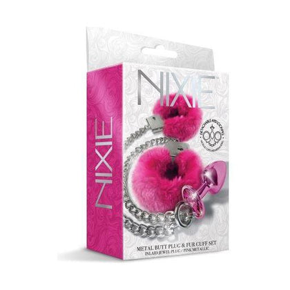 Global Novelties Nixie Metal Plug & Furry Cuff Set Pink Metallic - Anal Toy & Bondage Kit (Model: NX-2022) - Unisex Pleasure - Adult Naughty Store