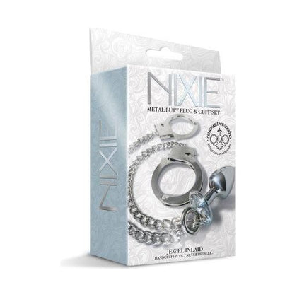 Nixie Metal Plug & Cuff Set Silver Small - Premium Jewel Inlaid Nickel-Free Aluminum Alloy Anal Plug and Detachable Handcuffs for Couples - Model NP-CS-S - Unisex Pleasure - Silver - Adult Naughty Store