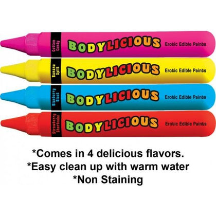 Bodylicious Erotic Edible Body Pens 4 Pack - Sensual Crayon Shaped Pleasure Pens (Model: BLP-4) for Couples - Strawberry Red, Blueberry Blue, Banana Yellow, Cotton Candy Pink - Adult Naughty Store