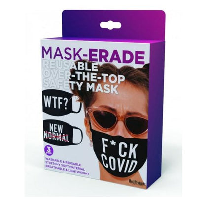 Hott Products Mask-Erade Masks 3 Pack: Reusable Safety Masks for Dust, Smoke, and Pollution Protection - WTF?, F*ck Covid, New Normal - Washable, Breathable, and Stylish - Black, 11.8