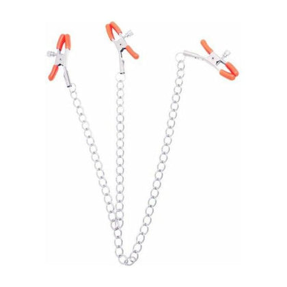 Icon Brands The Nines Triple Pleasure Nipple & Clitoral Clamps Chain - Model X3C, Women's Adjustable Silver Metal Chain, Orange Covers