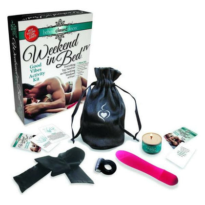 Little Genie Productions Behind Closed Doors Weekend In Bed Good Vibes 7 Piece Set - Silicone Bullet Vibrator, Vibration Cock Ring, Massage Candle, Satin Tie or Blindfold, 2 Decks of Activity Cards - BCD.020 - Couples - Full Body Pleasure - Sensual Black
