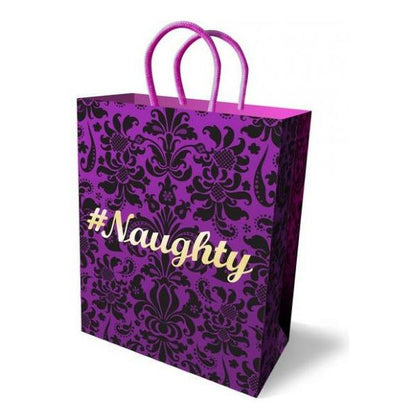 Little Genie Productions Naughty Gift Bag Purple 10 inches - Elegant Luxury Card Stock Paper Bag for Naughty Gifts - Fleur-de-lis Pattern with Gold Foil Stamp #Naughty - Perfect for Sensual Surprises and Playful Presents