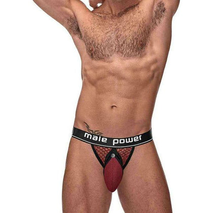 Male Power Cock Pit Fishnet Cock Ring Jock Strap L/XL - Burgundy, Breathable Micro Mesh, Passion Emergency Snap-Off Pouch, Window Pane Design, Waist 36-42 inches