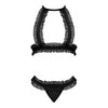 Magic Silk Ruffled Halter Bra & Thong Set - Black, Plus Size 2XL, Women's Lingerie for Alluring Swan Hook Closure and Ruffled Tulle Straps - Model RS-2022