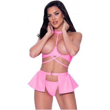 Magic Silk Club Candy Cupless Bra, Skirt & Thong Panty Set - Pink S/M - Women's Lingerie for Naughty Role Play and Seductive Lounge Wear - Model 2023