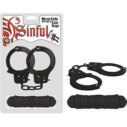 Nasstoys Sinful Metal Cuffs with Love Rope Black - Model 118.11: Iron Handcuffs with Soft Cotton Rope for Couples' Bondage Play