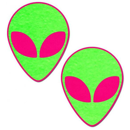 Glowing Green Alien on Neon Pink Nipple Pasties by Pastease - Handmade, Latex-Free, Waterproof Adhesive - Perfect for Sensual Pleasure and Play - Size: 2.4 inches x 3.1 inches