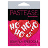 Pastease Red & White Ho Ho Ho Hearts - Glittery Velvet Nipple Pasties for Women - Model: Ho Ho Ho Heart - Size: 3 inches wide by 2.5 inches tall - Latex-Free Adhesive - Waterproof - Handmade  - Adult Naughty Store