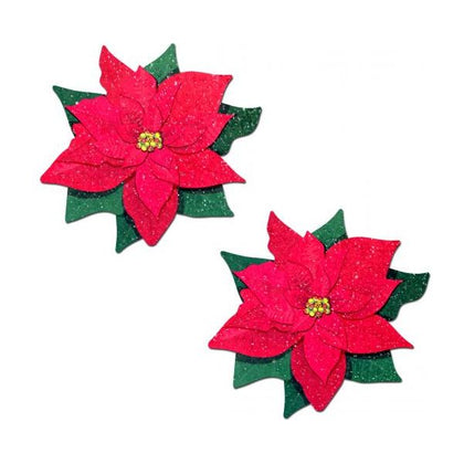 Winter Poinsettia Red & Green Glitter Velvet Nipple Pasties - Handmade in the USA - Model: Pastease - Gender: Unisex - Area of Pleasure: Nipples - Size: 3.5