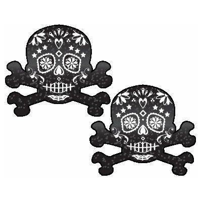 Glittering Candy Skull Crossbones Black Glitter Pasties - Durable Pleather Nipple Covers for Women - Model: GCSP-001 - Enhance Your Sensual Appeal with These Seductive Accessories - Size: 3.3