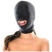 Masterful PleasureWear: Spandex Open Mouth Hood - Model X1 - Unisex - Sensory Awakening - Shiny Black