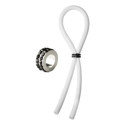 Introducing the Bolo Lasso Ring Silicone Black Gems Bead White - Adjustable Cock Ring for Male Pleasure