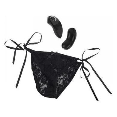 California Exotic Novelties Remote Control 10-Function Little Black Panty - Women's Lace Thong with Adjustable Satin Ties, Secret Pocket, and Discreet Curved Bullet Vibrator - One Size Fits Most