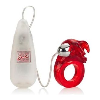 Introducing the SensaToy Matador Red Jelly Cockring with Vibrating Bullet - Model M-2000. Ultimate Pleasure for Him and Her!