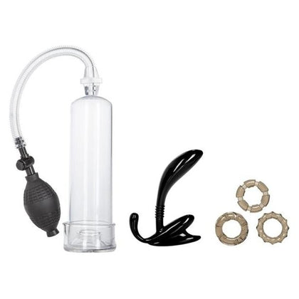 His Essential Pump Kit - Curved Prostate Probe, Rings, and Penis Pump for Men - Pleasure in Black