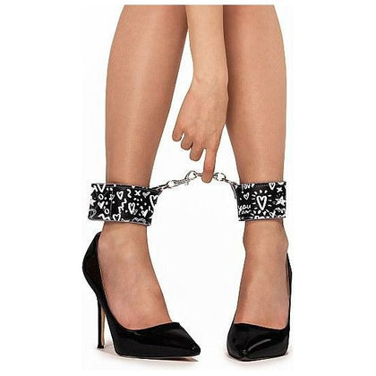 Shots Toys Love Street Art Fashion Printed Ankle Cuffs Black - Versatile Bonded Leather Ankle Restraints for Unforgettable Pleasure Experience