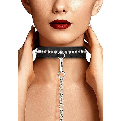 Shots Toys Diamond Studded Collar W- Leash - Intense BDSM Pleasure Set for Alluring Nights - Model DSC-3001 - Unisex - Neck and Leash Play - Black - Adult Naughty Store