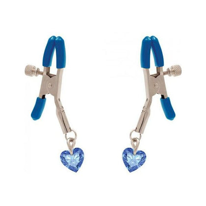 Blue Heart Charms Adjustable Jewel Adorned Non-Piercing Nipple Clamps - Model XYZ123 - For All Genders - Enhance Pleasure with a Touch of Elegance