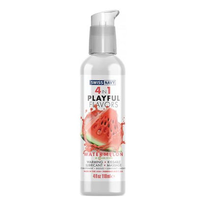 Swiss Navy 4 In 1 Playful Flavors Watermelon 4oz - Sensual Pleasure Enhancer for Couples - Model 4PFW4 - Unisex - Multi-Purpose Lubricant, Massage Oil, and Edible Delight - Vibrant Watermelon