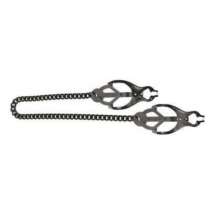 Introducing the Sensual Pleasures Black Butterfly Nipple Clamps with Chain - Model BBN-3001, Unisex, for Exquisite Nipple Stimulation in Midnight Black
