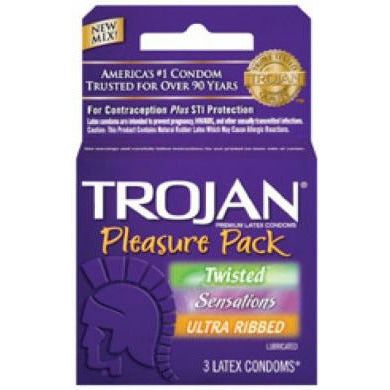 Introducing the Sensational Trojan Pleasure Pack 3S: Twisted Lubricated, Her Pleasure Sensations, and Ultra Ribbed Condoms for Couples' Intimate Pleasure in Vibrant Colors