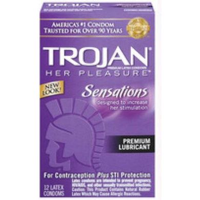 Trojan Her Pleasure Sensations 12 Pack - Ribbed and Contoured Latex Condoms for Enhanced Female Pleasure in a Variety of Colors