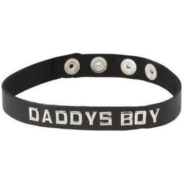 Introducing the Wordband Collar Daddys Boy Black Leather BDSM Collar - Model DB-001, Unisex, for Neck Play Pleasure
