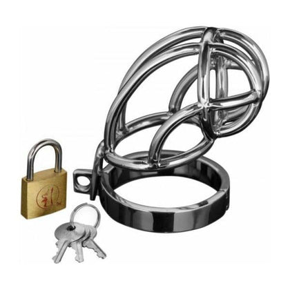 XR Brands Master Series Stainless Steel Locking Chastity Cage - Model XSCC-2021 - Male Erection Inhibitor for Intense Pleasure - Silver - Adult Naughty Store