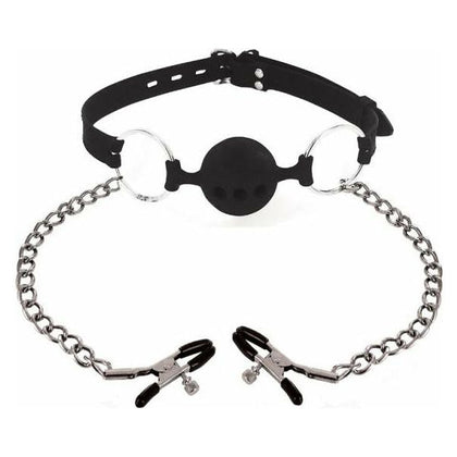 Hinder XR Brands Breathable Silicone Ball Gag With Nipple Clamps - Model XRBG-2021 - Unisex - Pleasure Play for Nipples and Oral - Black