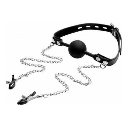 Strict Silicone Ball Gag with Nipple Clamps Black - Model SG-9001B - Unisex BDSM Toy for Sensual Pleasure