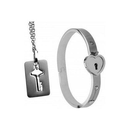XR Brands Master Series Cuffed Locking Bracelet and Key Necklace Set - Tungsten Steel BDSM Jewelry for Couples, Submissive and Dominant, Wrist Size 6.25 inches