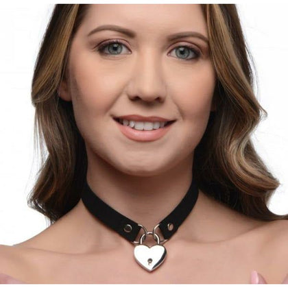 Master Series Lock-It Heart Lock & Key Choker - Elegant BDSM Collar for Submissive Play, Model LS-200, Unisex, Neck Restraint, Black and Silver