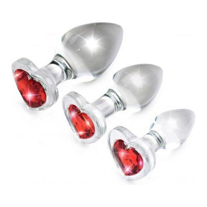 XR Brands Booty Sparks Red Heart Glass Anal Plug Set - Model XRB-1234 - Unisex Anal Pleasure Toy - Sparkling Red Color - Adult Naughty Store