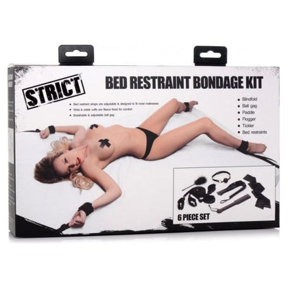 Strict Bed Restraint Bondage Kit - XR Brands BDSM Bedroom Bondage Set for Couples - Model: SRBK-001 - Unisex - Full Body Restraints, Paddle, Flogger, Tickler, Blindfold, Ball Gag - Black