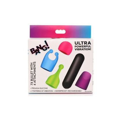 Bang! Rechargeable Bullet Vibrator with 4 Attachments - XR Brands B-101 - Women's Clitoral and Labia Stimulation - Purple, Blue, Pink, Green, Black - Adult Naughty Store