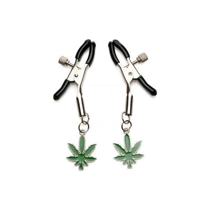 XR Brands Charmed Mary Jane Nipple Clamps - Sensual Leaf Dangle Metal Nipple Clamps for Women - Model 2023 - Green and Silver