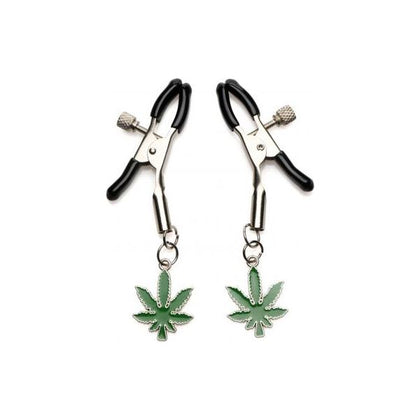 XR Brands Charmed Mary Jane Nipple Clamps - Sensual Leaf Dangle Metal Nipple Clamps for Women - Model 2023 - Green and Silver - Adult Naughty Store