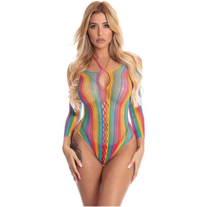 Introducing the Sensual Delights Vibrant Pleasure More Colour Long Sleeve Bodysuit Rainbow - Model X1 - Unisex Intimate Apparel for Sensual Stimulation - Adult Naughty Store