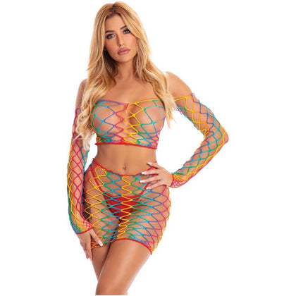 Introducing the Sensual Pleasures Pot of Gold 2 Pc Skirt Set Rainbow - Fishnet Crop Top and Skirt for Satisfying Adventures - Adult Naughty Store